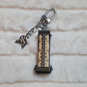 Silver-Tone Key & Card Holder Charm with Beige Polka Dot Strap